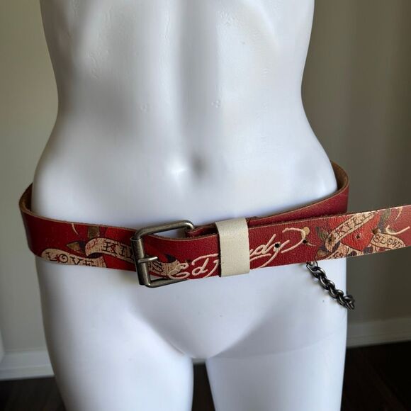 Vintage Y2K Ed Hardy Kill Slowly Embroidered Chain Belt Red main image 12